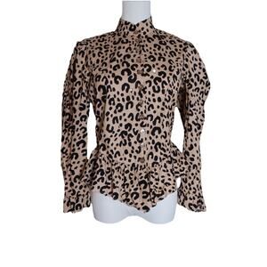 BURU Leopard Print Peplum Blouse Puff Sleeve Button Down Size XS